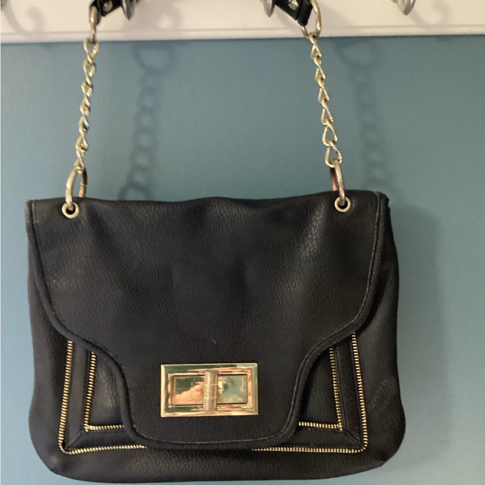 Black Leather Shoulder Bag with Gold Accents